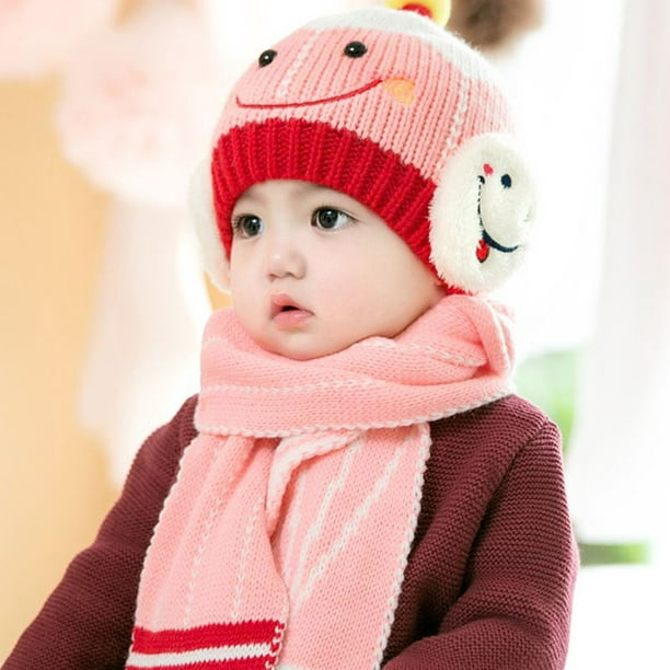Chapeaux d'hiver pour bébé, tout-petit hiver chaud écharpe chapeau  cache-cou mignon tricoté chapeau écharpe ensemble bébé oreillette bonnet  chapeau avec écharpe, rose 