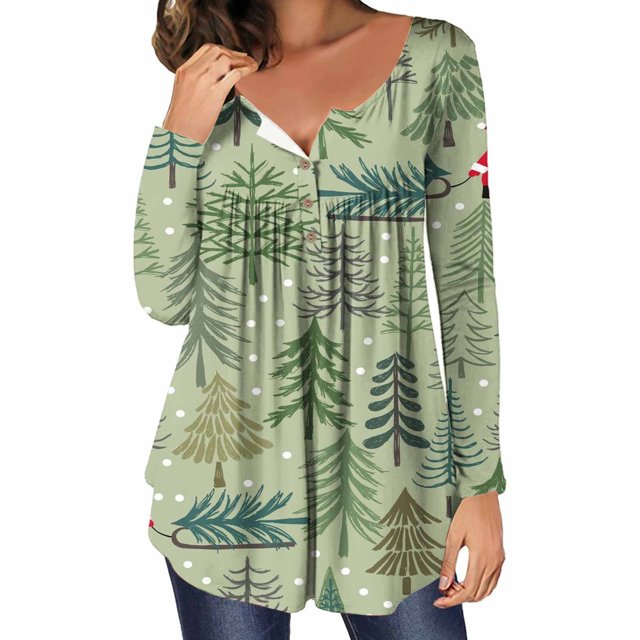 Pntutb Mujer Casual Navidad Impreso Jersey Cuello Redondo Manga Larga Botones Blusa tops Pntutb Pntutb-2316