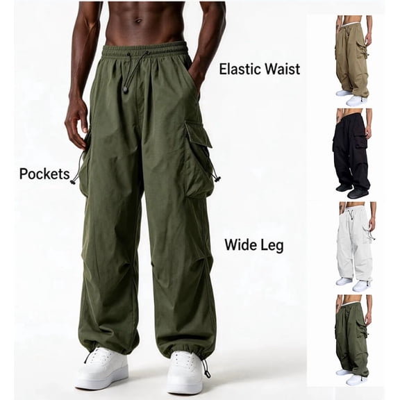 Elvqul Loose Cargo Pants for Men Multi-Pocket Big and Tall Pullover Elastic Waist Cargo pockets Wide-Leg Holiday Mens Pants Green
