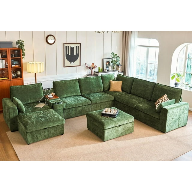 BEDEEP Canapé Sectionnel Modulaire de 169,7 Po avec Console et Station de Recharge, Canapé Nuage en Chenille en L avec Pouf de Rangement, Canapé Profond Convertible 8 Places avec Méridienne pour Salon, Vert