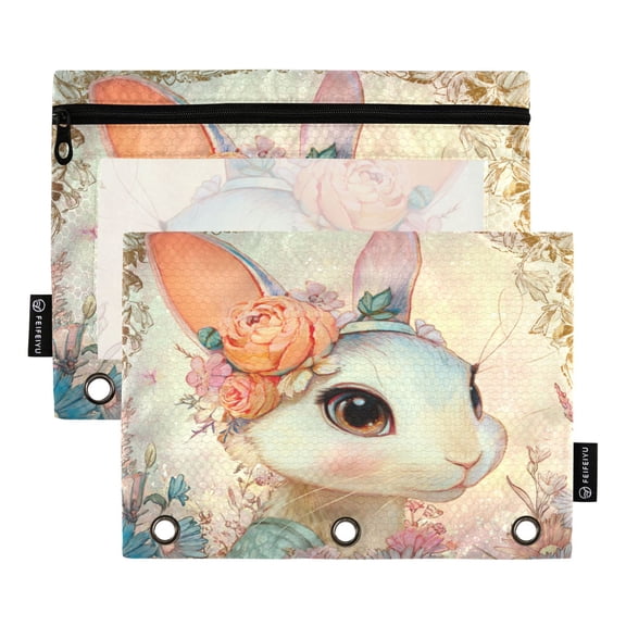 2 Pack 3 Ring Binder Pouch with Clear PVC Window Water Resistant Zipper Pencil Pouch Beautiful Bunny Binder Pocket for Classroom Office Home Stationery Organization