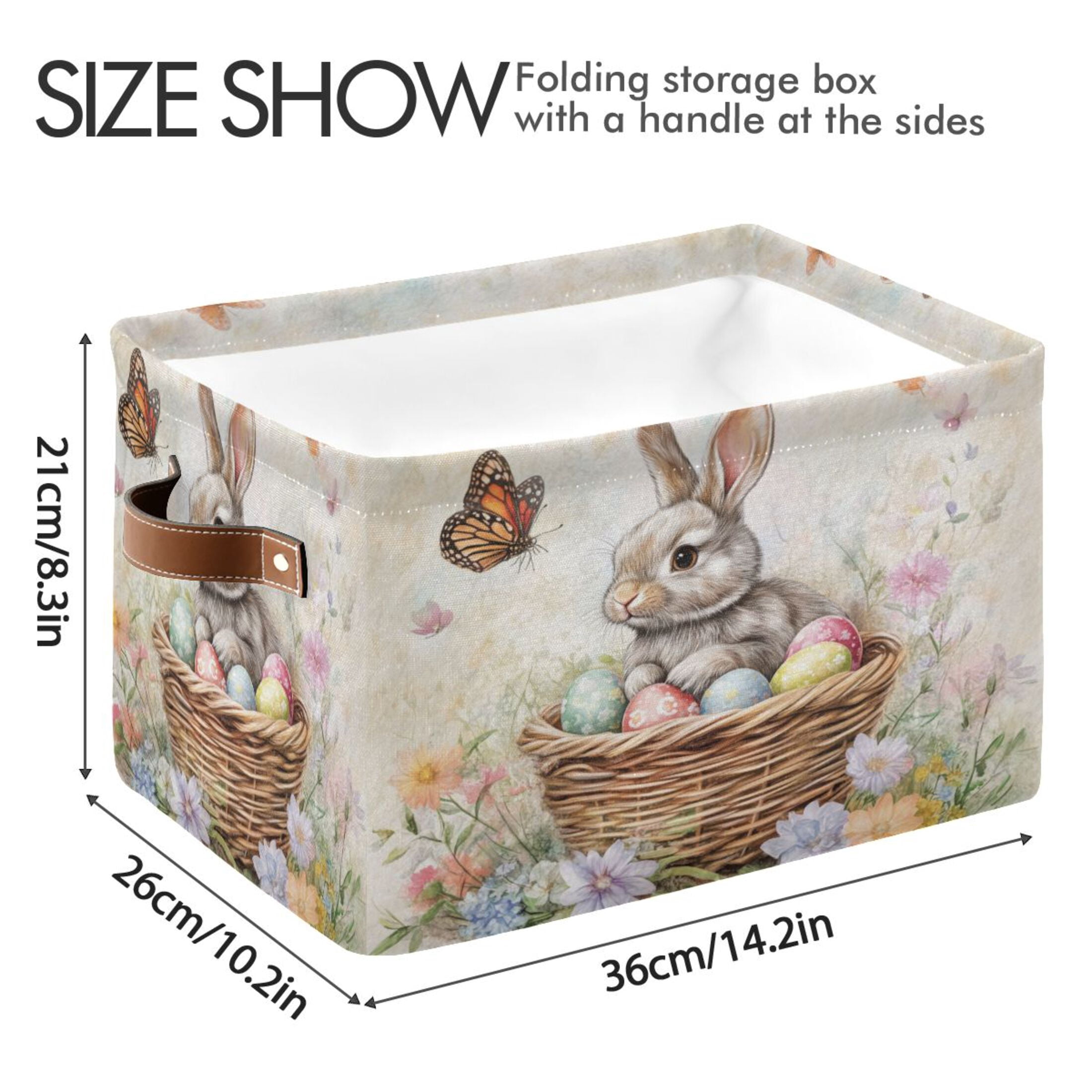 WOBOGO Gray Easter Rabbit Square Storage Basket with Waterproof Canvas and PE Lining Durable PU Leather Handles 14.2×10.2×8.3in