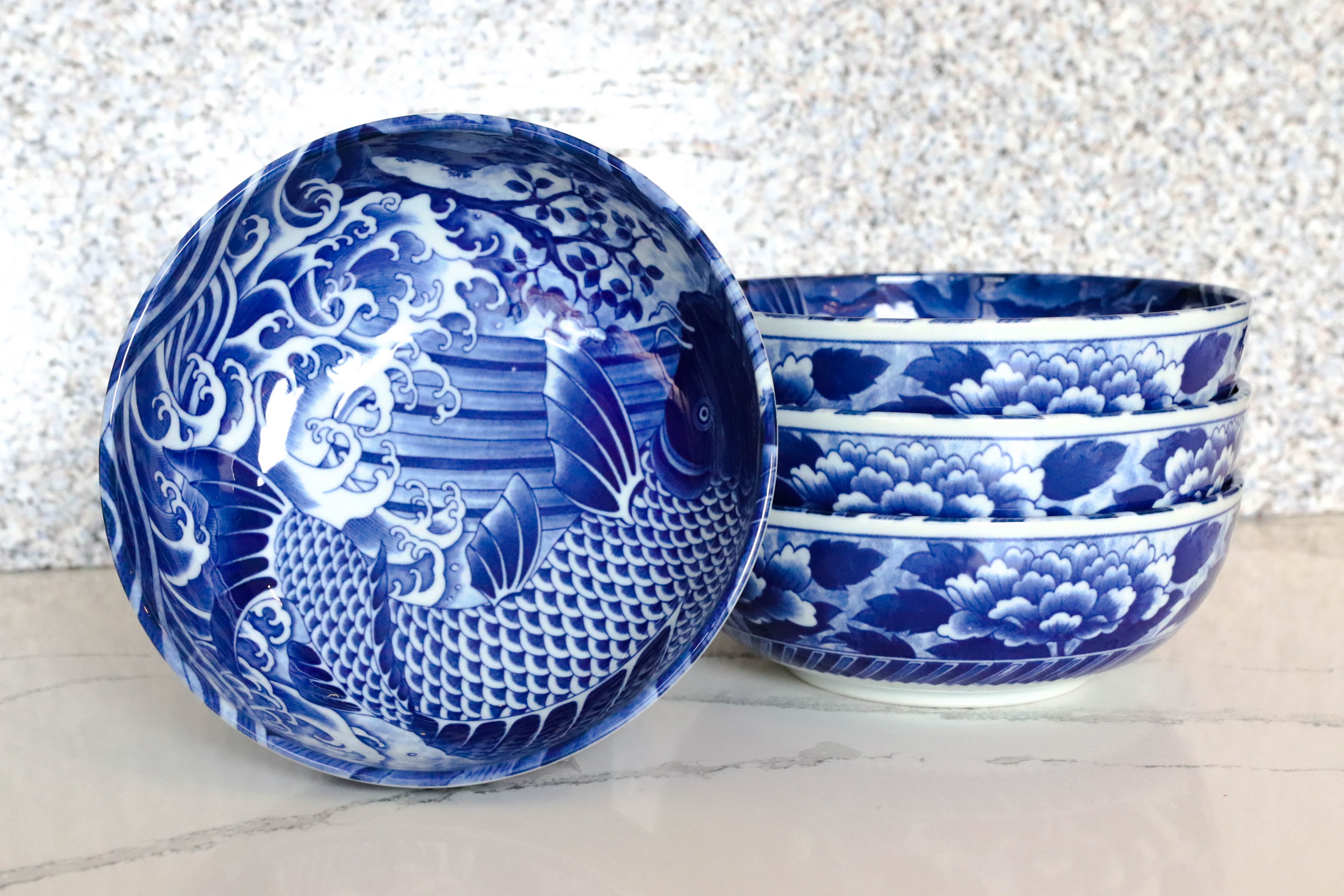Japanese Ramen Noodle Soup Rice Bowl 10"D Porcelain Blue Carp Koi Made in Japan 