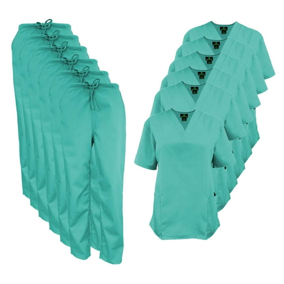 M&M SCRUBS Women Scrub Set V-Neck Medical Scrub Tops and Drawstring Pants - Pack of 6 Set (Sergical Green, 5X-Large)