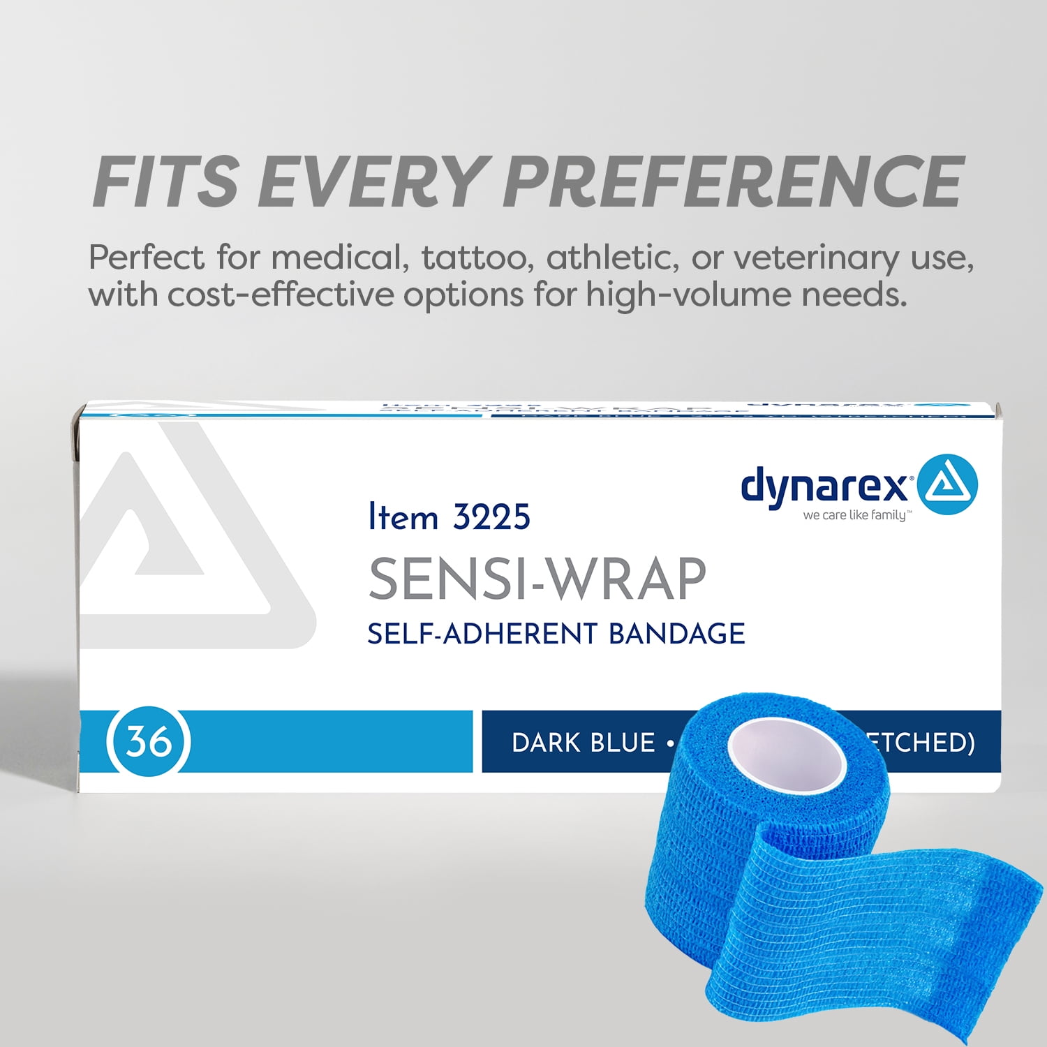 Dynarex Sensi-Wrap Self-Adhesive Bandages, 36-Pack, 2" x 5 yards, Dark Blue, Latex-Free, Colored Elastic Cohesive Athletic Tape, Tattoo Grip & Vet Wrap