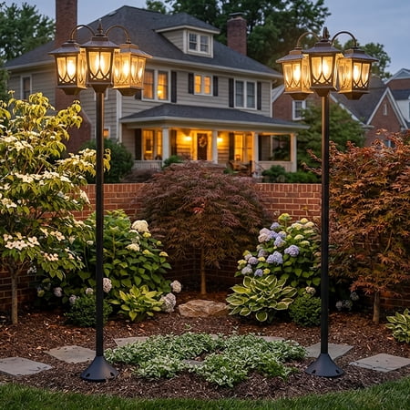 Three-Headed Solar Powered Outdoor Post Light with Dusk to Dawn Sensor, 73-Inch Metal Lamp Post for Garden, Yard, and Home Decor