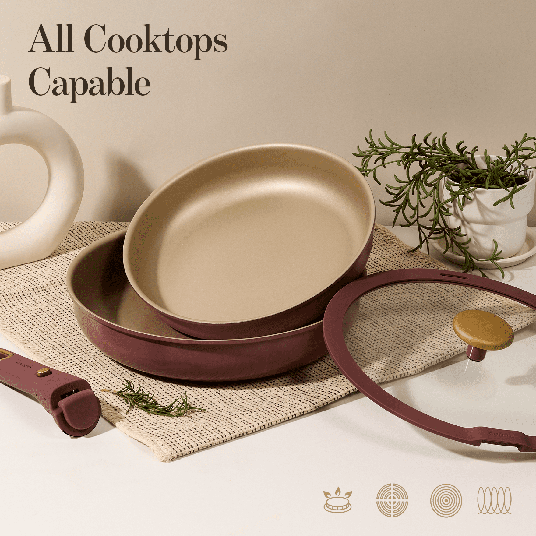 Carote 7 Pcs Nonstick Frying Pans Set with Lid, Skillets with Detachable Handle, Oven Safe, Induction Cookware, Stackable Kitchen Set, Red