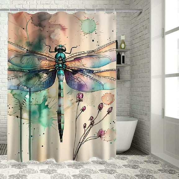 Creowell Dragonfly Flower Watercolor Printed Shower Curtain 100% Polyester Fiber Bathroom Decoration Washable Curtain with Hooks 36x72