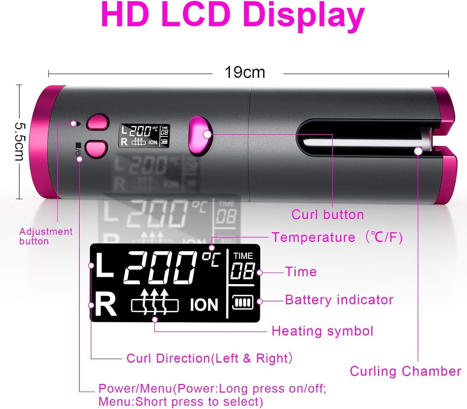 Wireless Auto Hair Curler with Adjustable Temperature and Timer, Automatic Cordless Curling Iron with LCD Display, Portable Rechargeable Rotating Fast Heating Hair Wand for Style