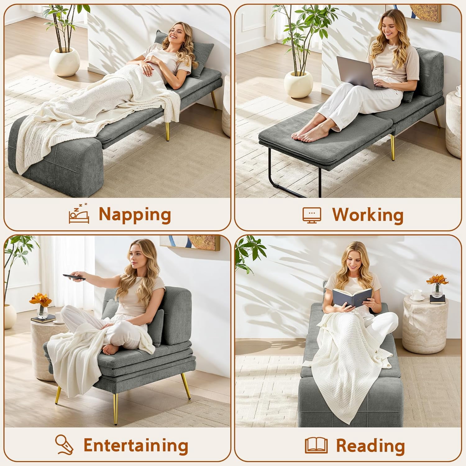 Akaber 3-in-1 Futon Sofa Bed, Chenille Sleeper Chair with Back Support & Pillow, Wood Frame, Metal Legs