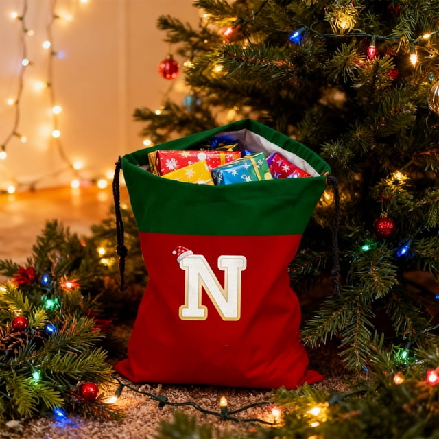 Christmas Gift Bag 26 Letters Red Drawstring Polyester Tote 12X15 Inch Holiday Storage Pouch | Reusable Xmas Candy Sack Decorative Gift Wrap Bag for Presents or Tree Ornament