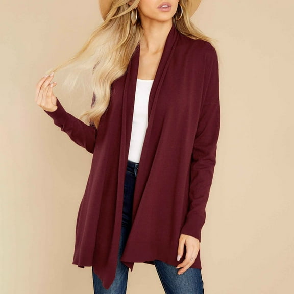 Lilgiuy Women's Solid Open Front Medium and Long Blouse Long Sleeve Hoodless Casual Outwear Loose Tops Red，8（L） Fall Fashion for 2022 Spring Winter