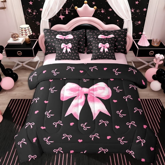 Erosebridal Girly Bow Twin Bedding Sets 7-Piece, Cute Princess Cartoon Bedding Comforter Set, Black Pink