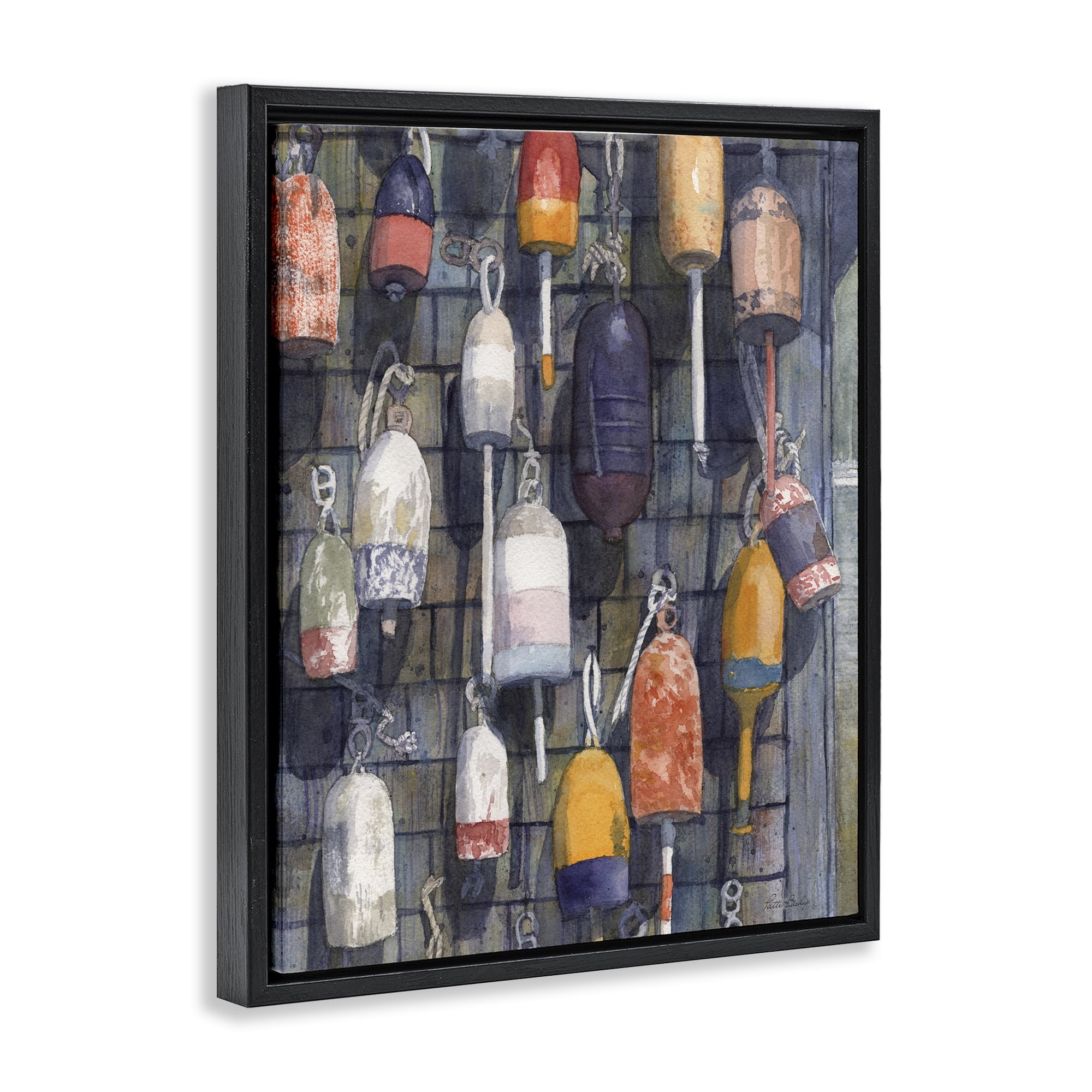 Stupell Industries Watercolor Hanging Buoys Black Framed Floater Canvas Wall Art, design by Patti Bishop