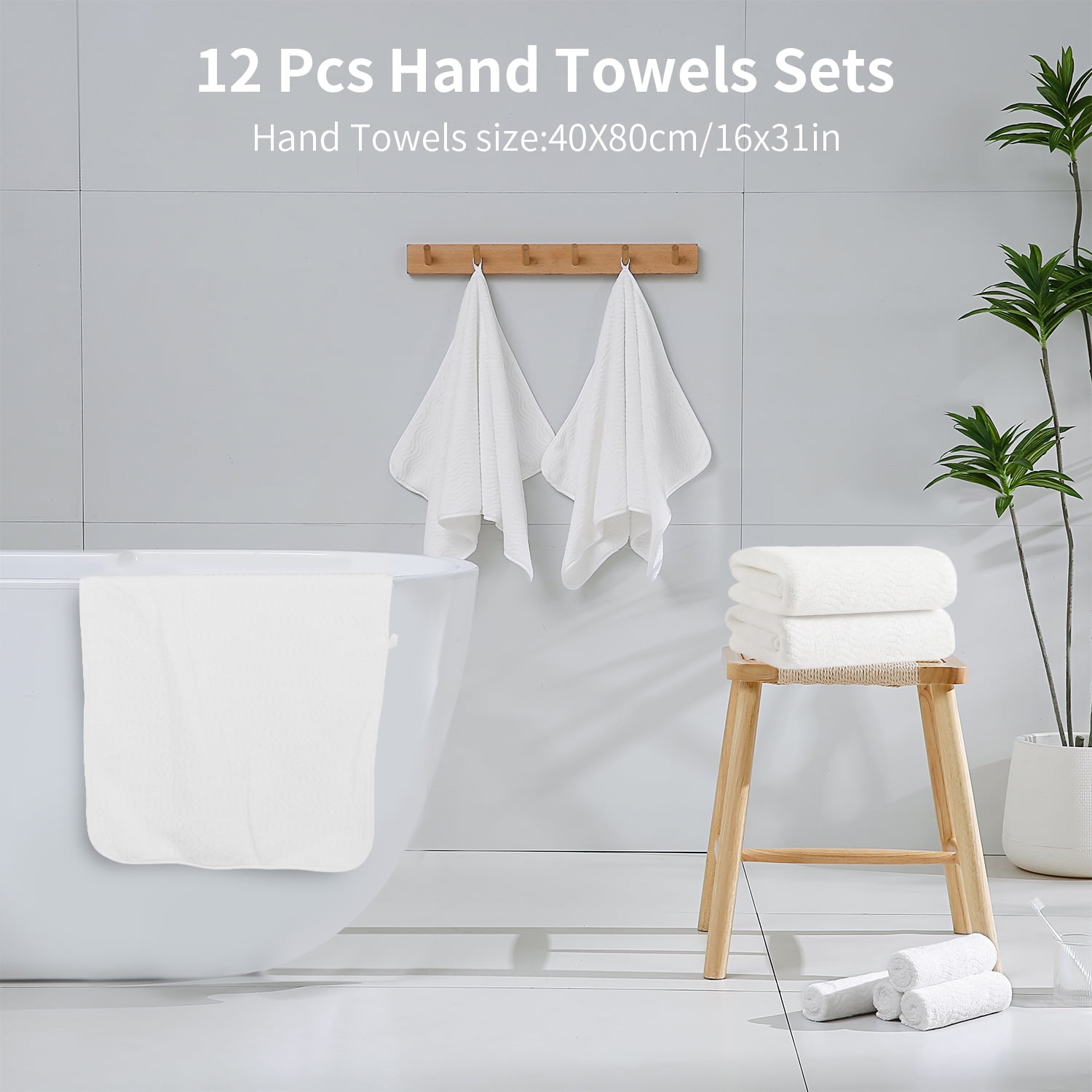 Jessy Home 12 Pack White Hand Towel Set 16"x31" Soft Highly Absorbent Quick Dry Bathroom Towels 600 GSM Microfiber Plush Towels