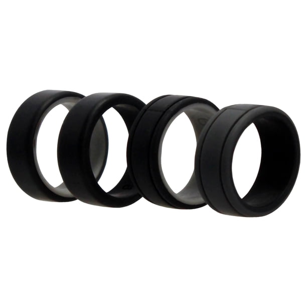 Juego de anillos de boda de silicona con líneas de 2 capas - Negro de ROQ para hombres - Anillo de 4 x 9 mm