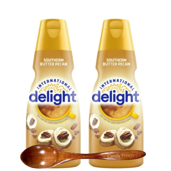 Candy Freezer Int'l Delight Shelf-stable Non-dairy Liquid Coffee Creamer.- Pack of Two (2) 32 fl oz Bottles (Southern Butter Pecan) with Wooden Spoon