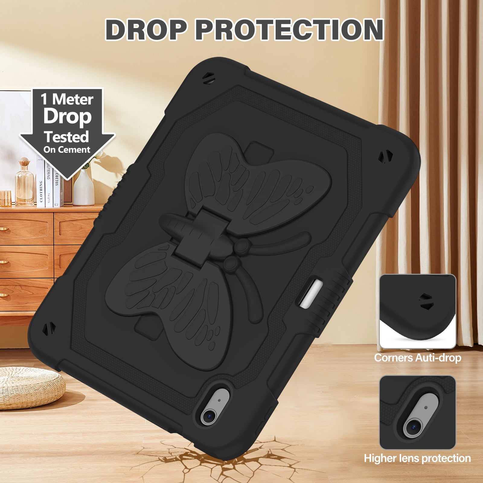 For iPad Air 11 M4 M3 M2 2026 2025 2024 Case, Cute Butterfly Design Heavy Duty Shockproof Shoulder Strap Pencil Holder Kickstand Bumper Kids Friendly Rugged Case for Apple iPad Air 11", Black