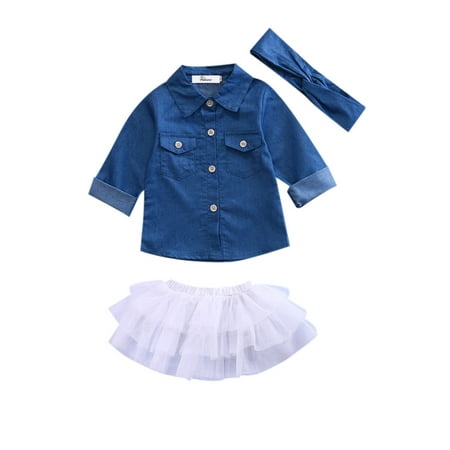 

wybzd Baby Girl Summer Clothing Sets Baby Girls Clothes Denim Shirt Top +Tutu Skirts+Headband 3pcs Outfits Sets