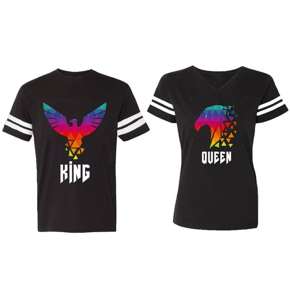 King Queen Eagle Colorful Matching Couple Cotton Jerseys (Men Black / Women Black) (Men S / Women S)