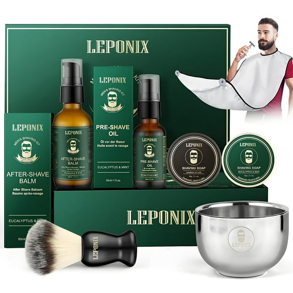 Shaving Kit for Men, Mens Shaving Kit Include Eucalyptus & Mint Pre-Shave Oil, After Shave Balm, 2 Packs Shaving Soap, Shaving Brush and Bowl, Beard Bib, Unique Shaving Gift for Men Stocking Stuffers