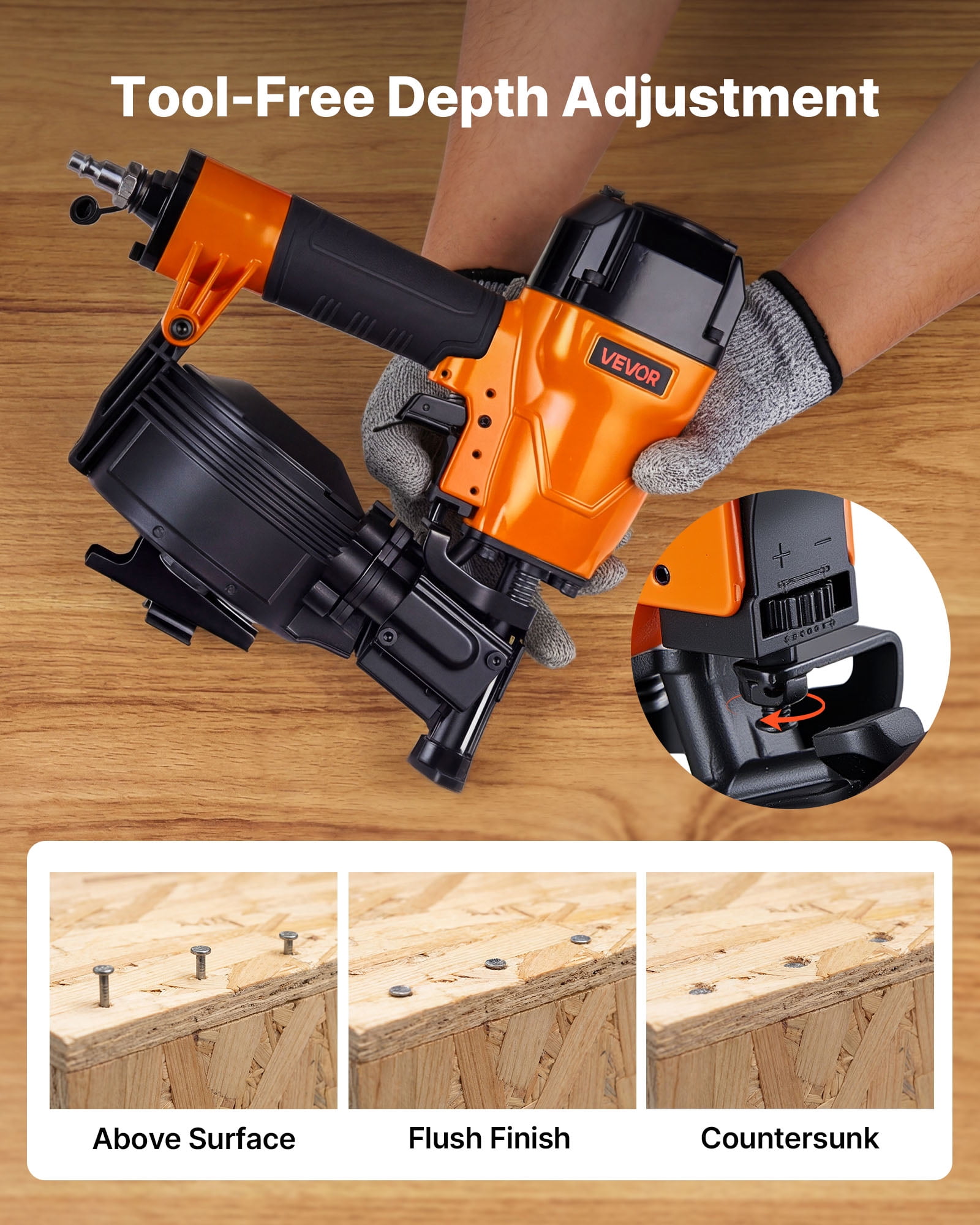 VEVOR Air Roofing Nailer CN45C, 3/4" to 1-3/4" 15 Degree Roofing Nail Gun with Two Firing Modes & Tool-Free Depth Adjustment, 70-110 PSI Pneumatic Coil Nailer for Asphalt Shingles, Roof Sheathing