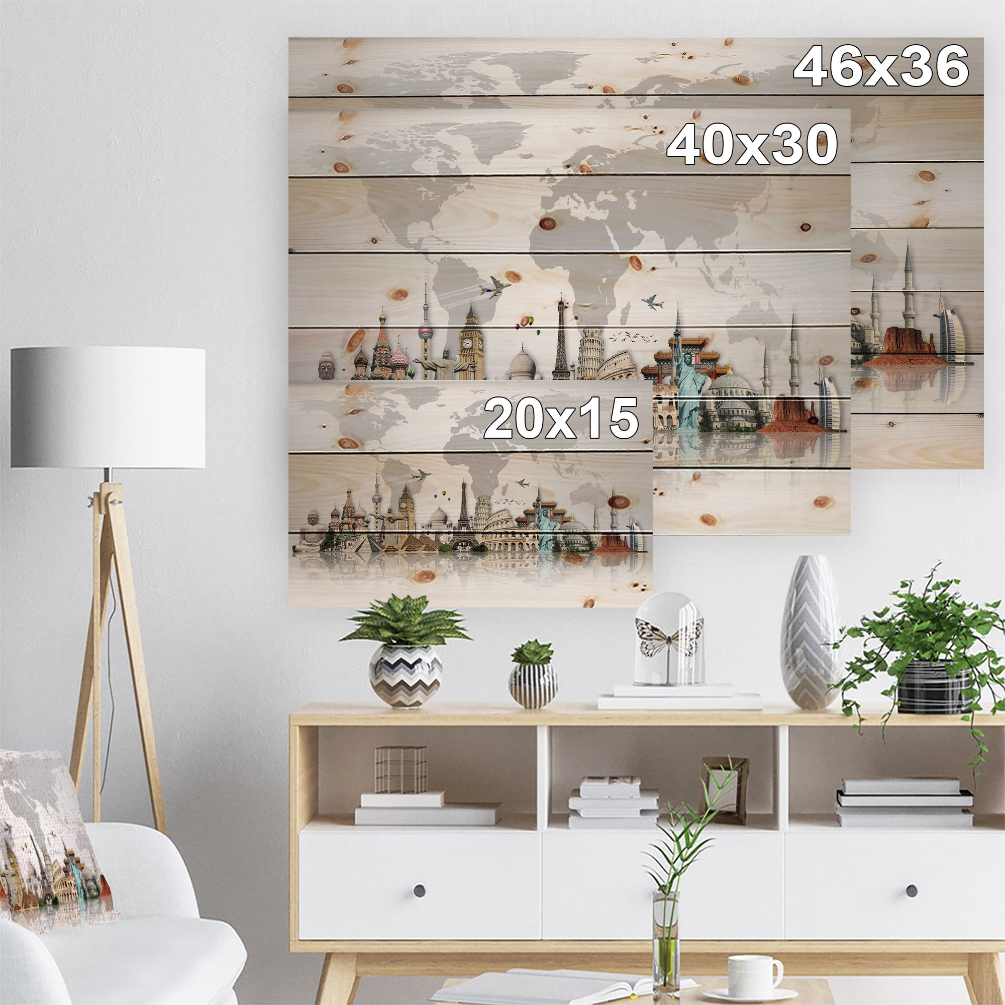 Designart 'World Famous Monuments' Print on Natural Pine Wood
