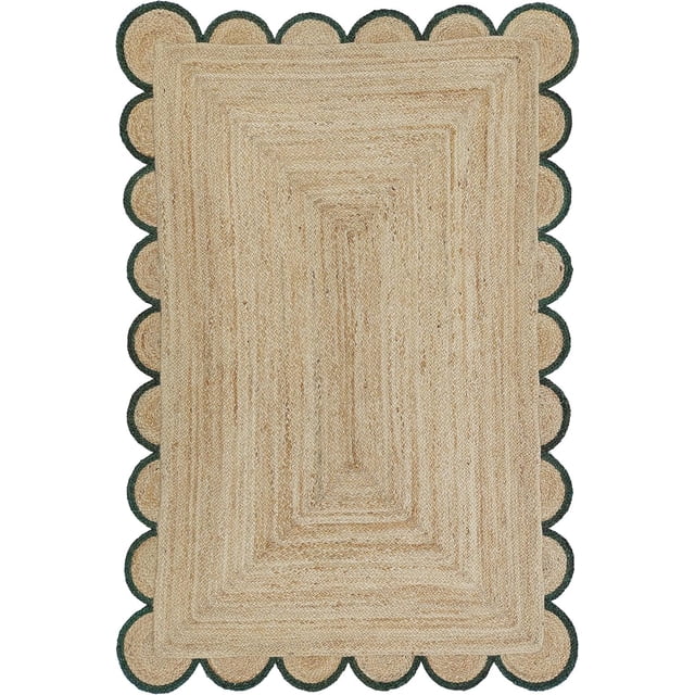 Hand Woven Farmhouse Jute Area Scalloped Rug Natural Scallop Pattern Jute Bohemian Base Green Trim Rug (Green, 8'x10')