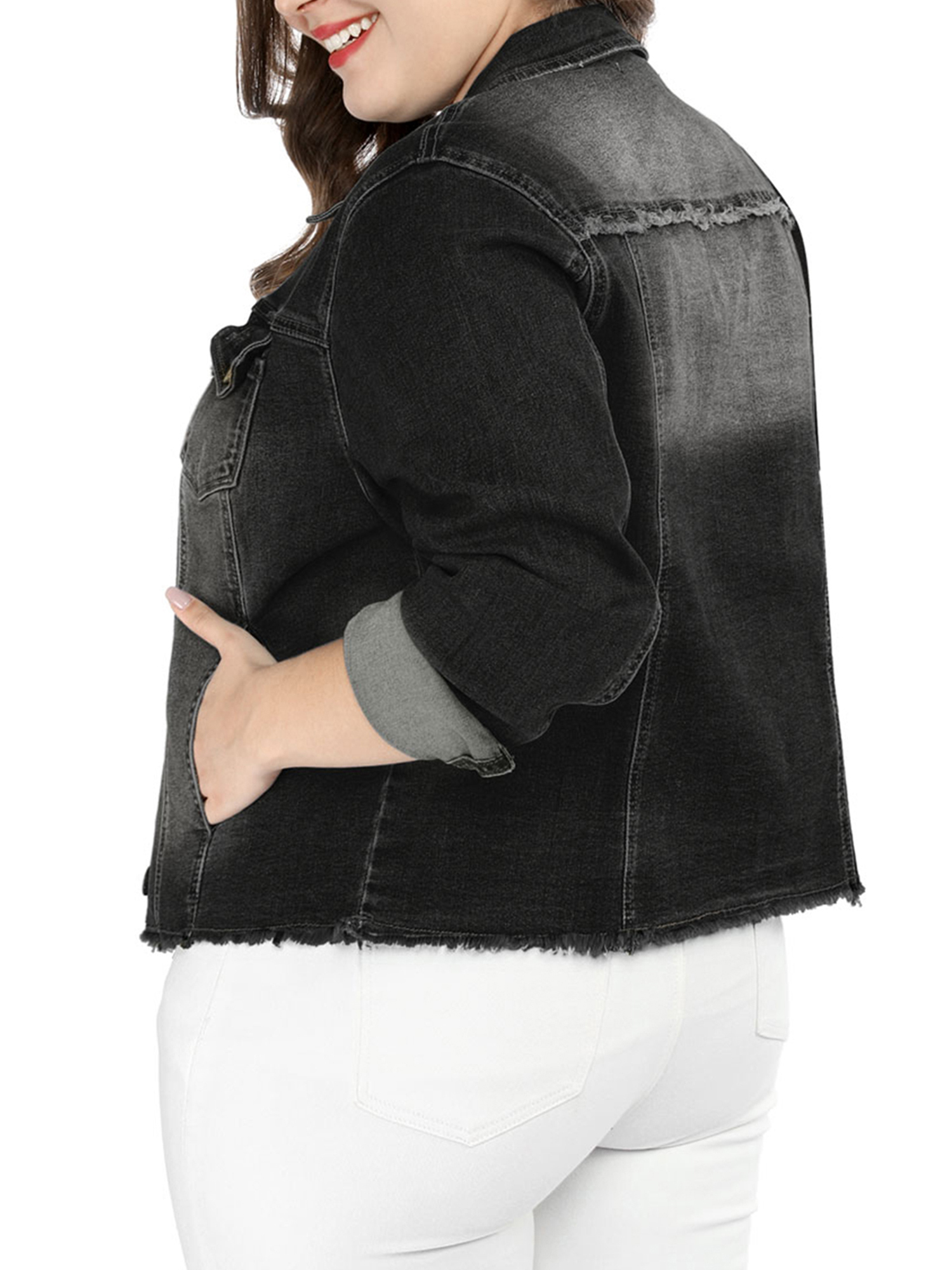 Unique Bargains Women's Plus Size Washed Front Frayed Classic Denim Jacket - image 5 of 8