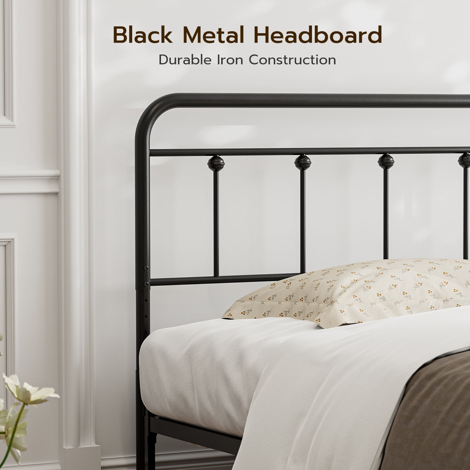SIKHST Full Size Headboard with Black Metal Construction, Adjustable Height, Spindle Detail and Elegant Curves Design, Farmhouse and Vintage Style,Steel Headboard Only for Bedroom
