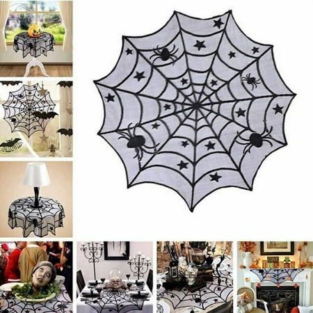 

40 Inch Polyester Lace Tablecloth Round Black Spider Web Table Topper Cloth for Halloween Parties Table Decorations