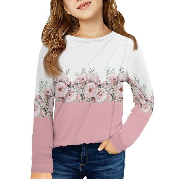 XADYUY Kids Long Sleeve Shirt Girls Crewneck Winter Shirts for Kids Girls Pleated Basic Girls Tops Loose Vintage Floral Print Blouses for Girls,13-14 Years