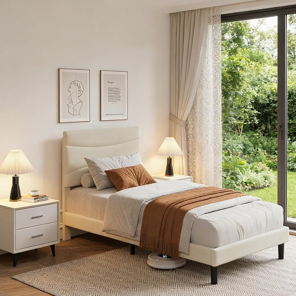 Twin Bed Frame, Upholstered Platform Bed with Headboard, Strong Wooden Slats Support, Noise-Free Mattress Foundation, No Box Spring Needed, Easy Assembly, Beige-Without Drawer