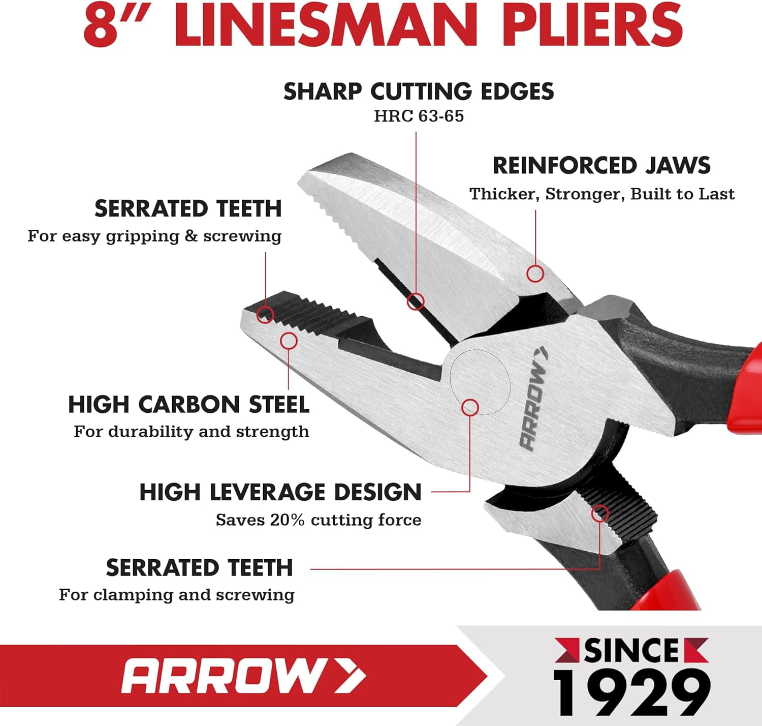 8" High Leverage Linemans , Side Cutters, Linesman for Wire Cutting, Gripping