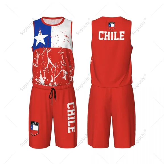 Team-up Chile Flag Grain Men Basketball Jersey Set Shirt & Pants Sleeveless Custom Name Nunber Exclusive