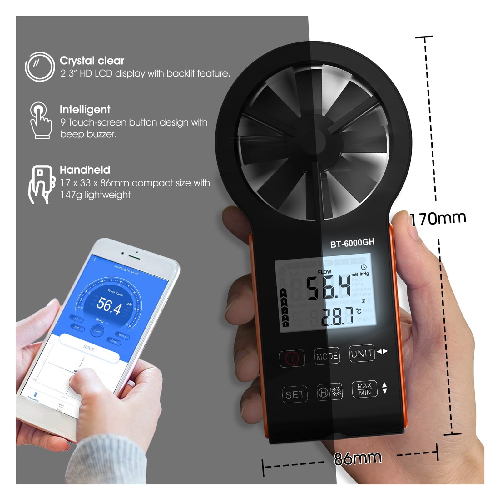 Wind Speed Measurement New Rechargeable Anemometer with Touching Key,Temperature Display,Instrument