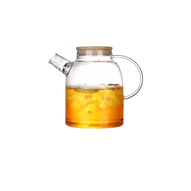 Large Capacity Borosilicate Glass Cold Water Pitcher, Bamboo Cover with Stainless Steel Rim, Four Seasons Water Kettle with Built-in Strainer Filter for Home Use