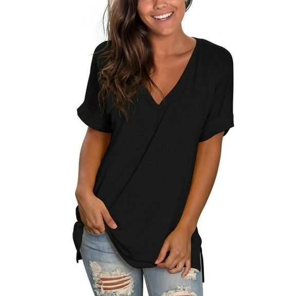 Women's V Neck T Shirts Casual Rolled Short Sleeve Side Split Summer Tops Loose Fit