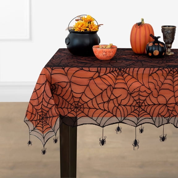 Crawling Web Lace Halloween Tablecloth with Orange Liner
