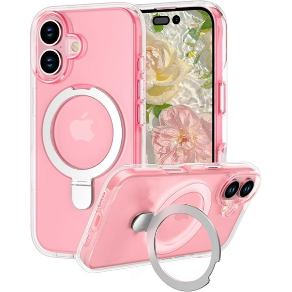 Meshine Magnetic for iPhone 16 Phone Case with Ring Stand,[Compatible with MagSafe],Slim Cute Crystal Shockproof Hard Back Soft Drop Protective Case for Girls Women,Clear