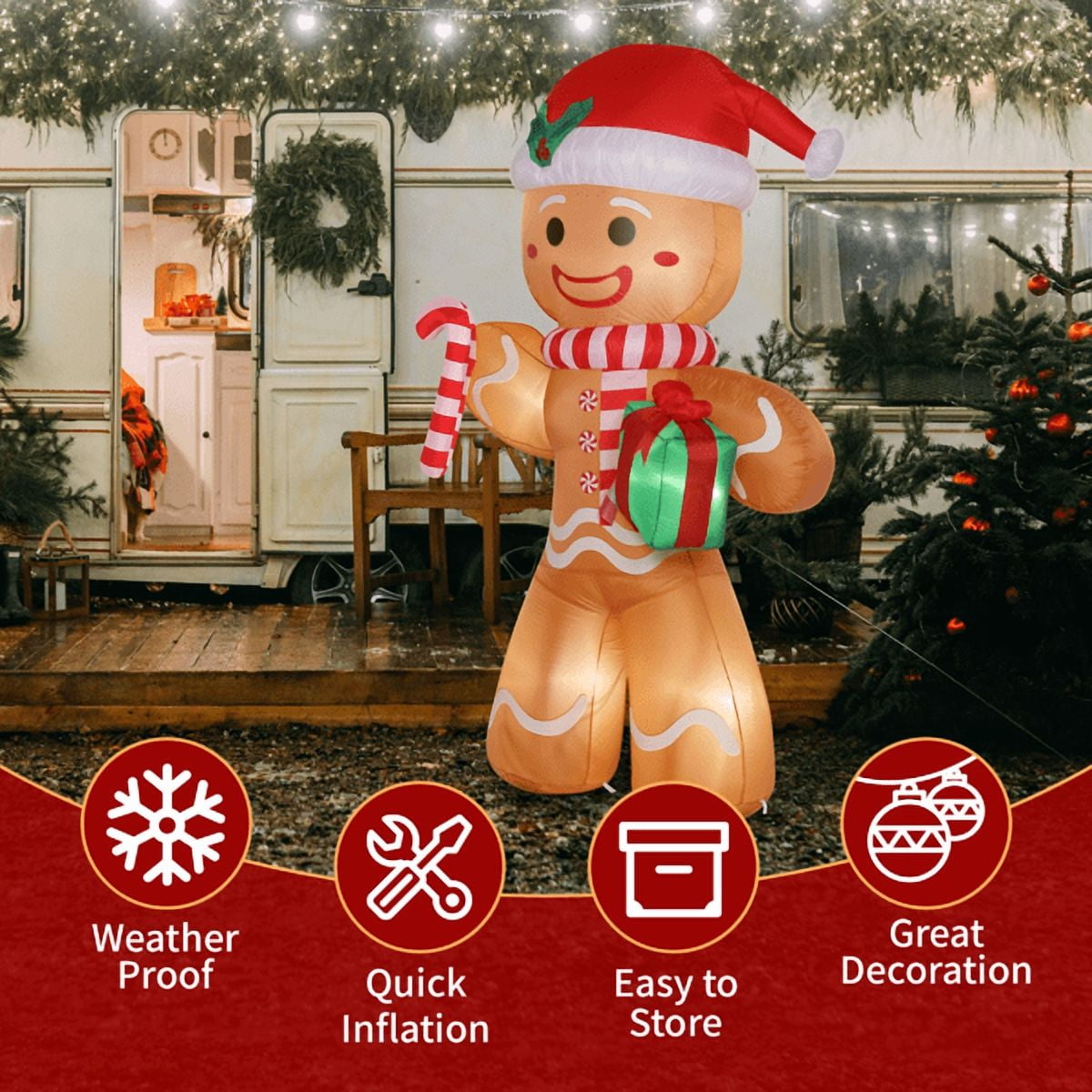 Alvantor 8 ft Inflatable Gingerbread Man with Gift Box, Candy Cane and 5 LED Lights, Christmas Yard Decoration