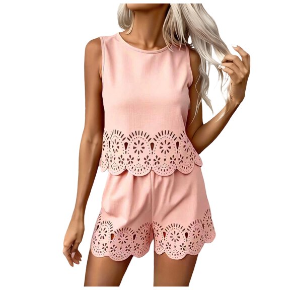 QGJZVUNL Women's 2 Piece Short Sets Eyelet Tank Tops High Waisted Shorts with Pockets Summer Outfits Size Xs