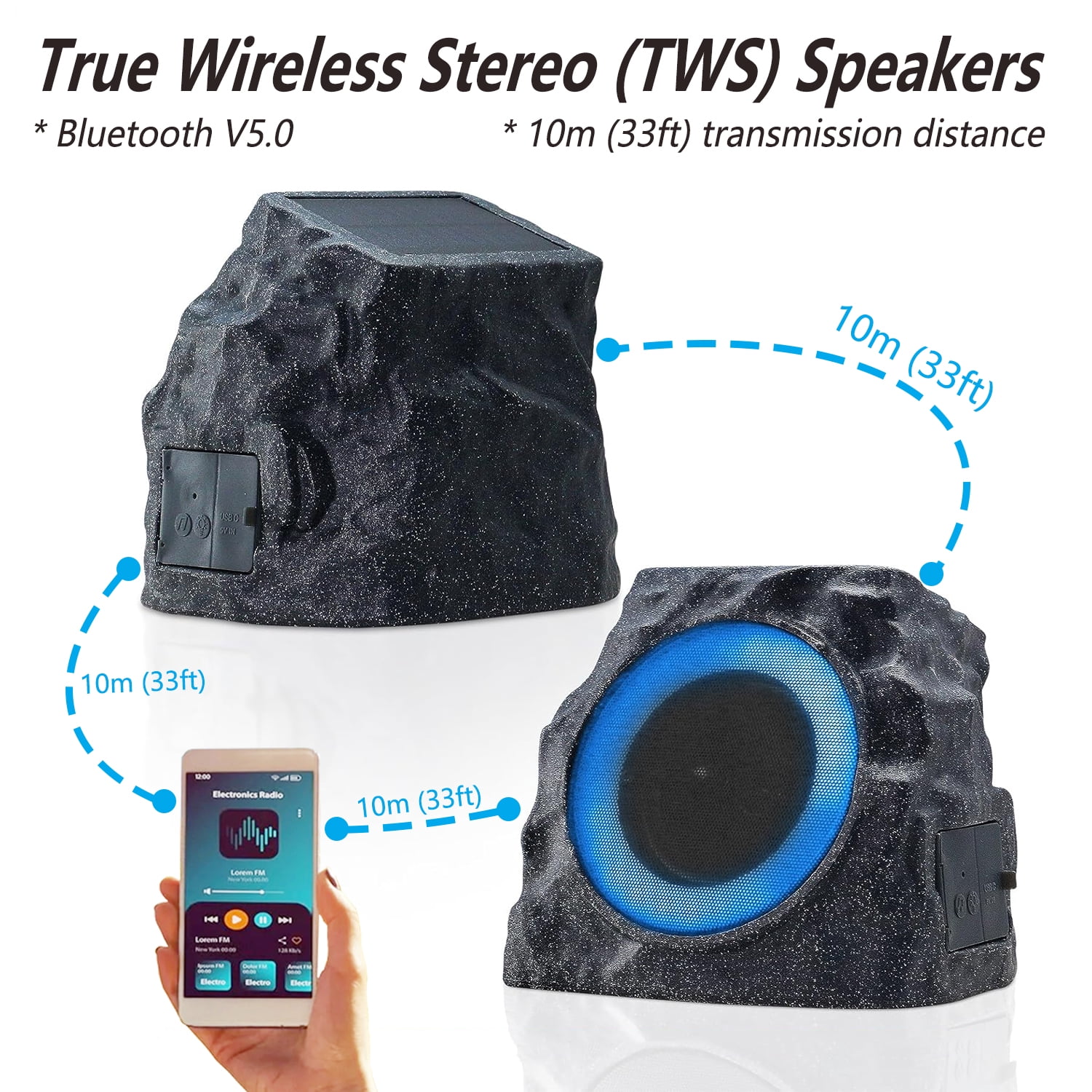 Postlucky 2-Pack Outdoor Solar Rock Speakers, Bluetooth, TWS Pairing, RGB LED Flashing, USB Charging, Waterproof, 8.1" Black