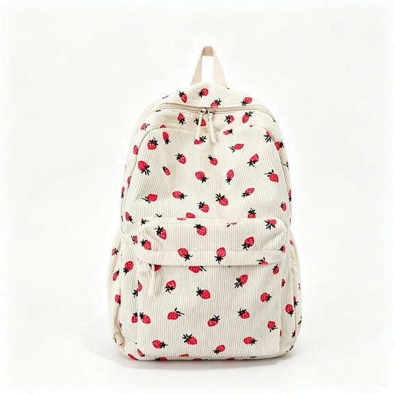 Yhmxh Strawberry Print Corduroy Backpack for Women, Lightweight Casual Corduroy Bookbag with Multiple Pockets, Cute Daypack Laptop Backpack for Travel Daily Commute Shoulder
