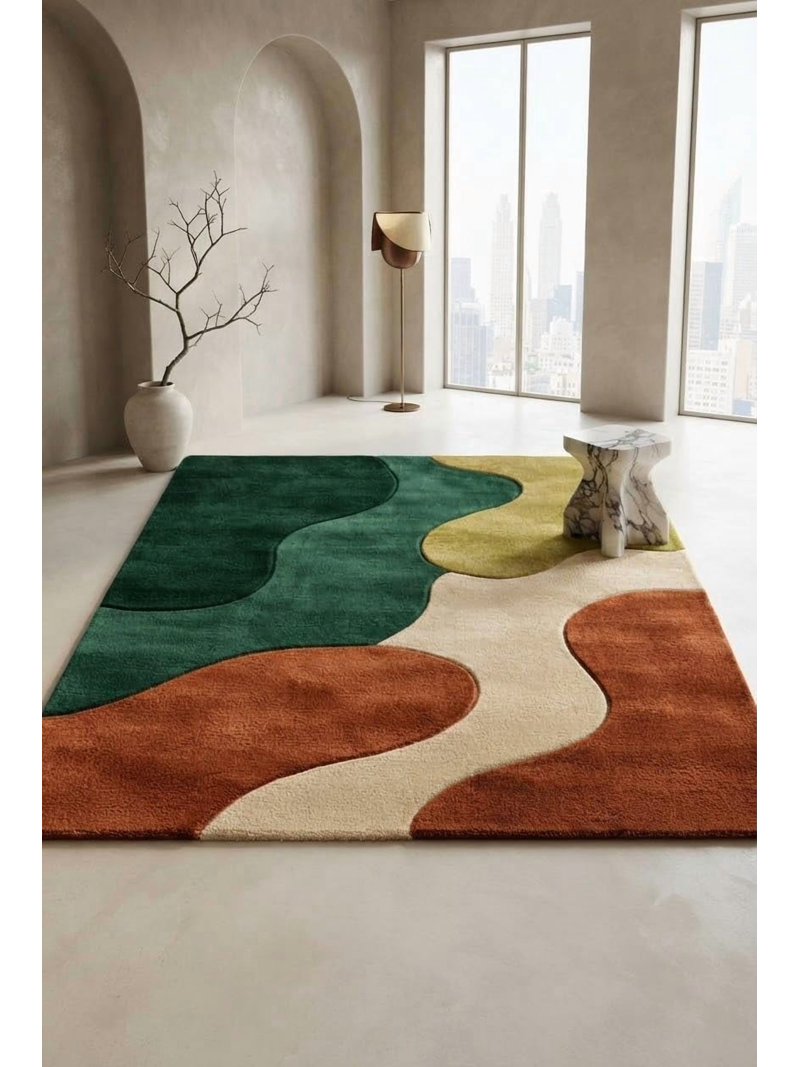 Organic Green Rug Hand-Tufted Abstract Organic Color Block Forest Green and Terracotta ...