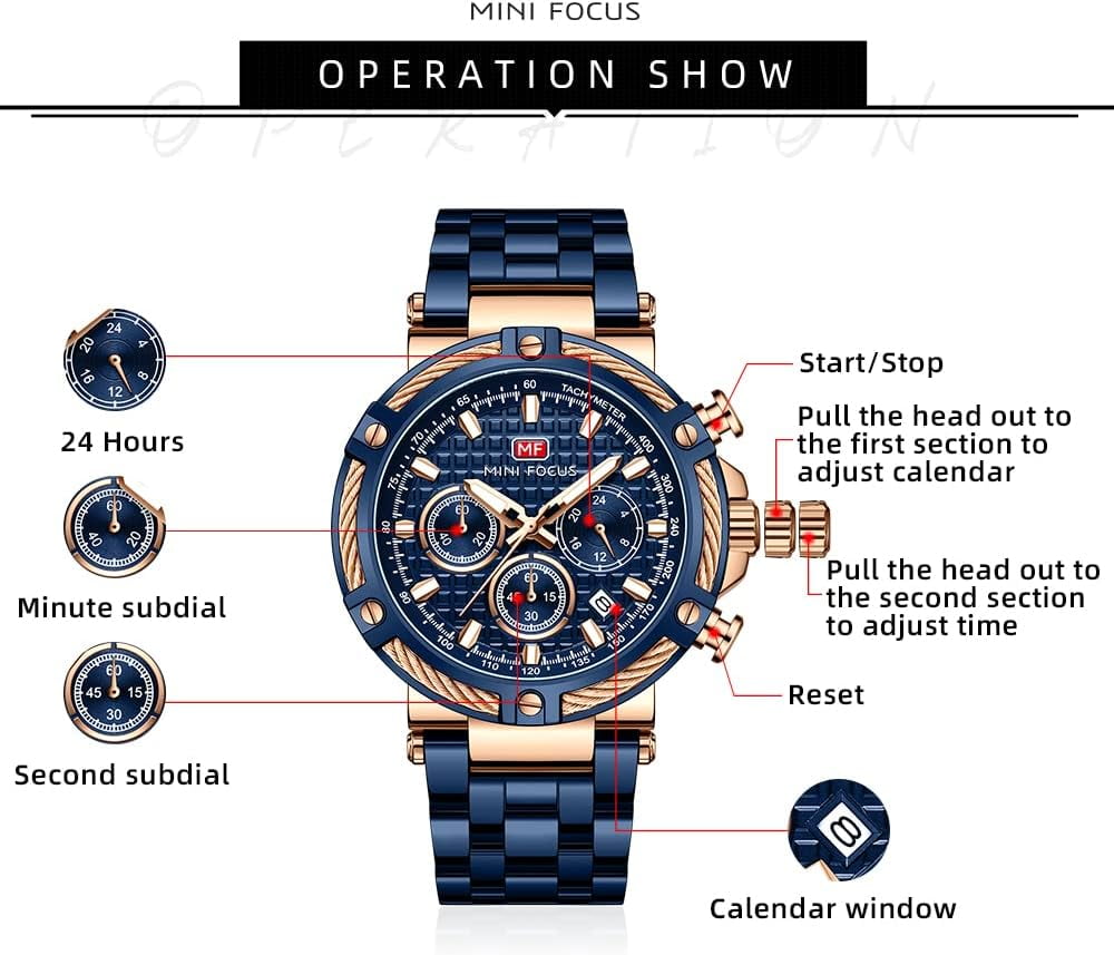 Business Men Watches (Chronograph/Waterproof/Luminous/Calendar/24 Hours) Big Face Stainless Steel Band Watches for Men