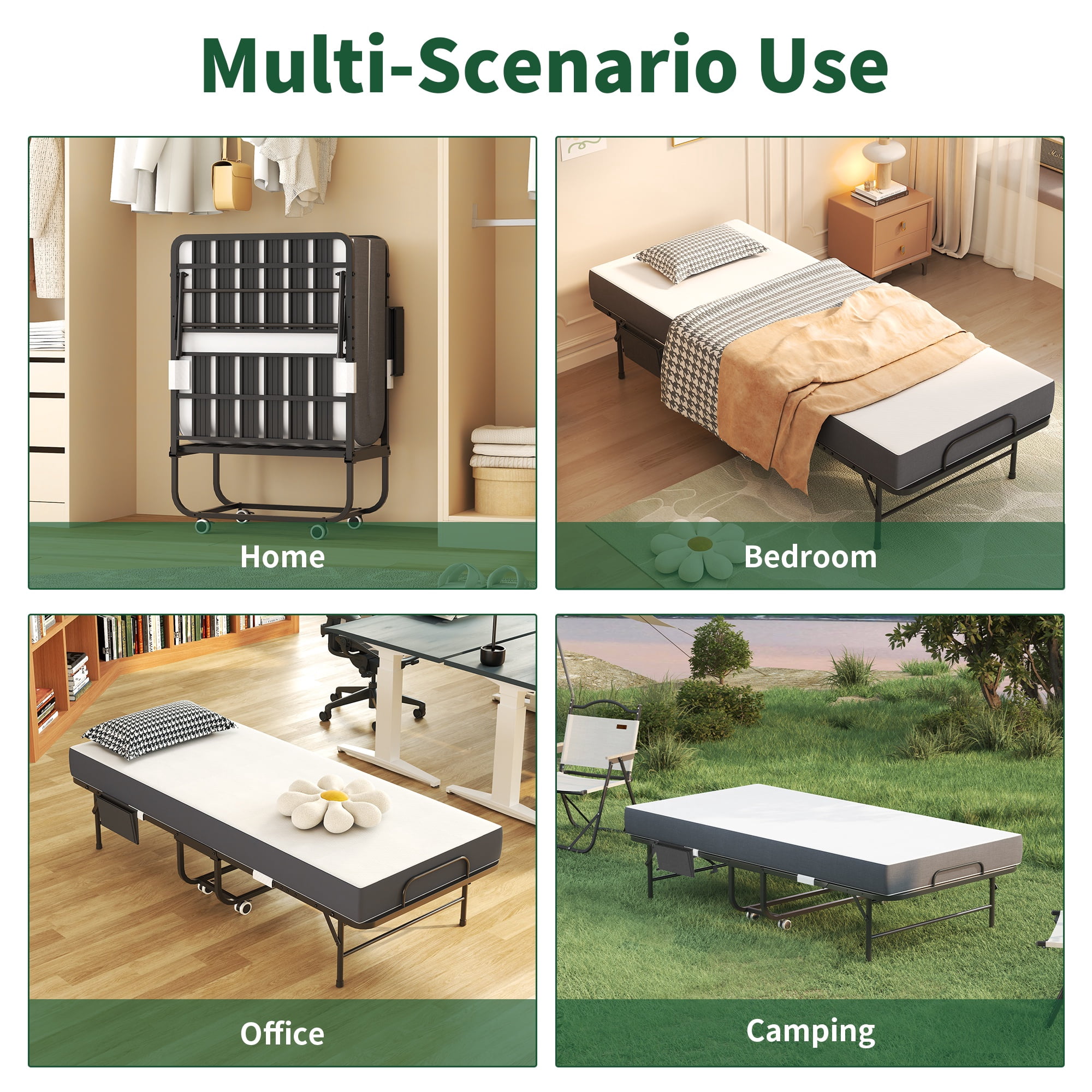 PORKISS Folding Bed with Mattress for Adults, Rollaway Guest Bed with 5" Memory Foam Mattress, Portable Foldable Bed with Locking Wheels, Space Saving Bed for Guest Room, Home Office, 74.8" x 30.7"