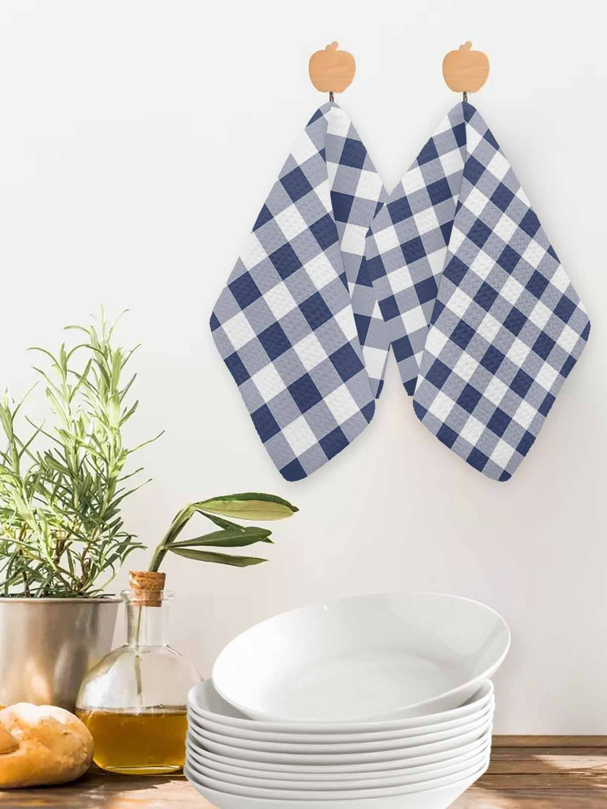 Navy Blue White Plaid Dish Towels Set, Waffle Weave Kitchen Towels 3 Pieces, Farmhouse Checkered Buffalo Microfiber Hair Face Bath Tea Towel Absorbent Quick Drying Cleaning Dish Cloths 12"x12"