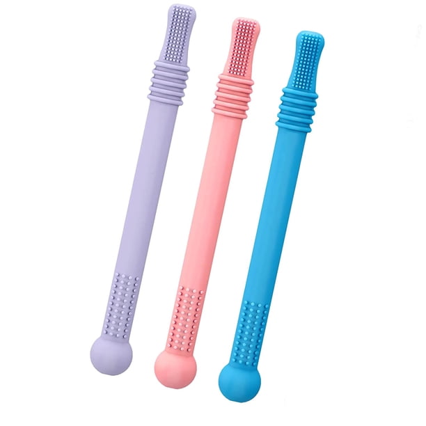 Paquete de 3 tubos de dentición para bebés, anillo de dentición de silicona para bebés, tubo de dentición de cigüeña hueca, juguete sensorial suave para masticar, juguete para molares con 1 cepillo