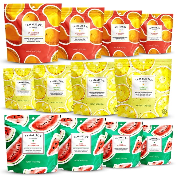 Tamalitoz Best Sellers Mix – Spicy Mango, Pineapple & Watermelon Mexican Hard Candy Filled with Chile, Lime & Sea Salt – Handcrafted Candy, Gluten-Free, Kosher, 12 Bags – 4oz Each